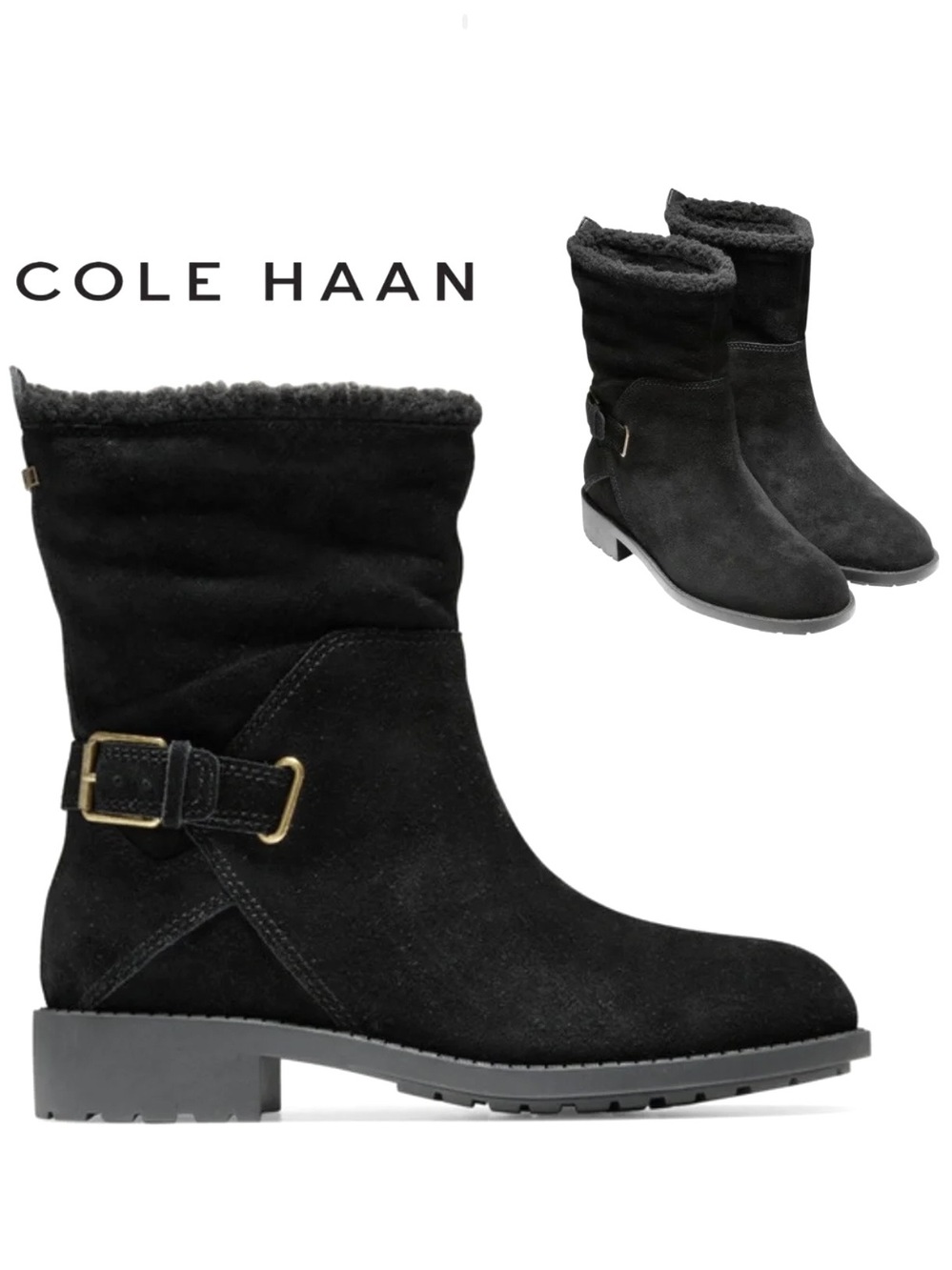 Cole Haan Quiana TK-Lined Black Suede Leather Moto Boots Winter Fur Lined Boots